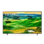 Una vista frontal del televisor LG QNED con una imagen de relleno y el logotipo del producto en