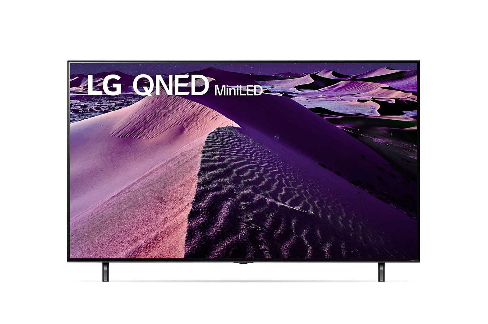 Una vista frontal del televisor LG QNED con una imagen de relleno y el logotipo del producto en