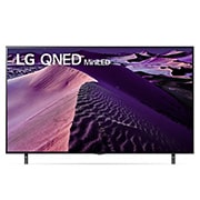 Una vista frontal del televisor LG QNED con una imagen de relleno y el logotipo del producto en