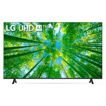 Vista frontal del televisor UHD con una imagen de relleno y el logotipo del producto