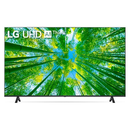 Vista frontal del televisor UHD con una imagen de relleno y el logotipo del producto