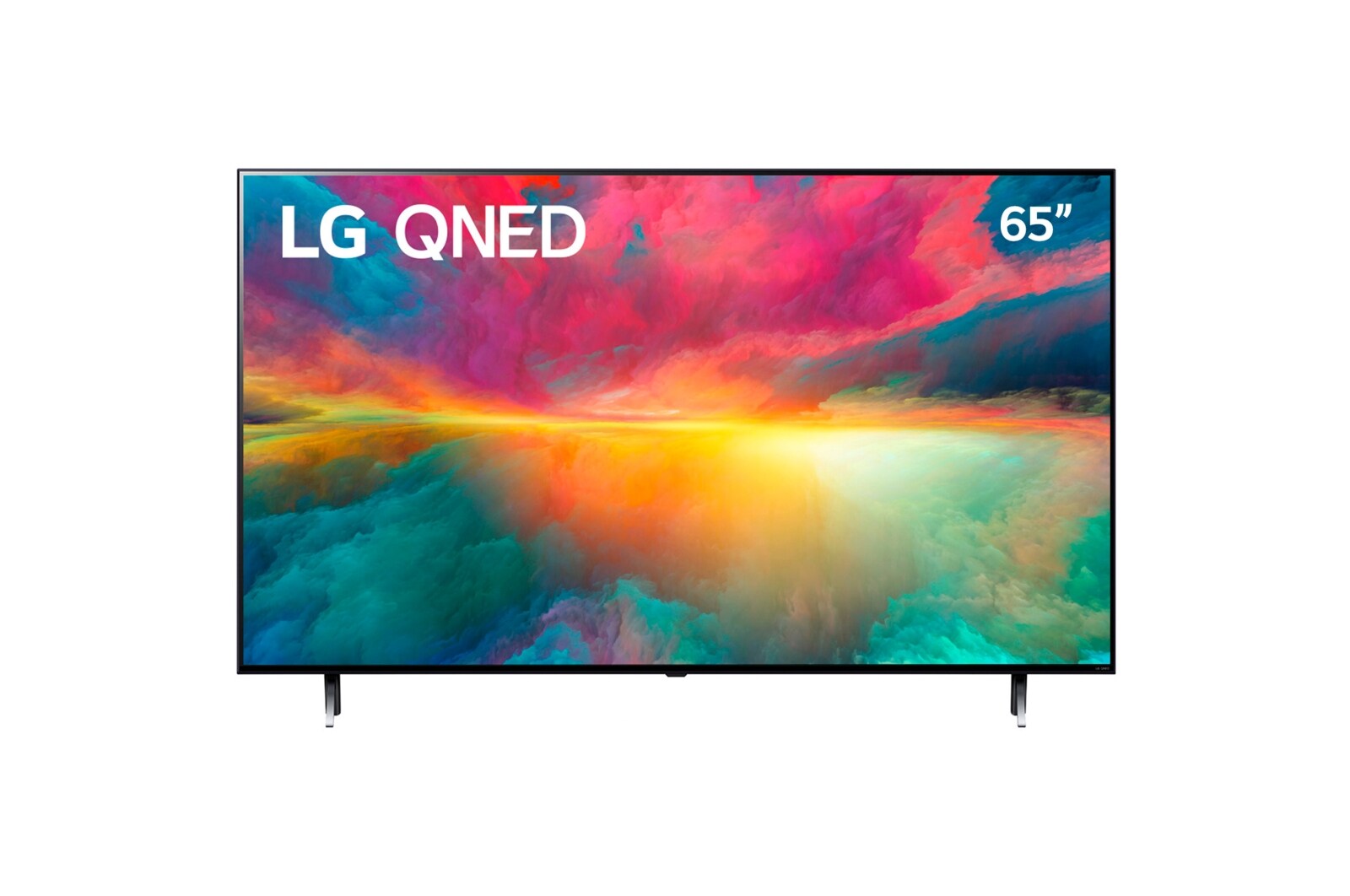 Una vista frontal del televisor LG QNED con imagen de relleno y logotipo del producto encendido