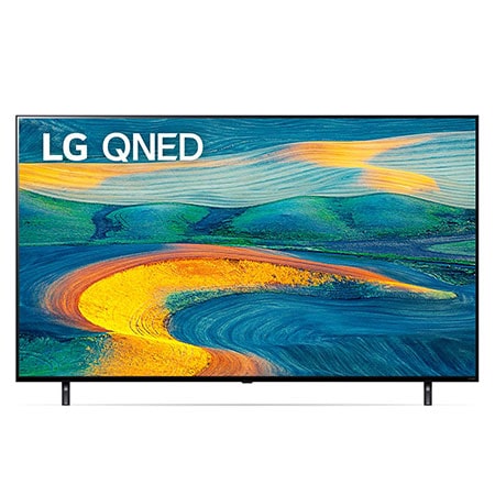 Vista frontal del televisor LG Full HD con una imagen de relleno y el logotipo del producto