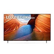 Una vista frontal del televisor LG QNED con una imagen de relleno y el logotipo del producto en