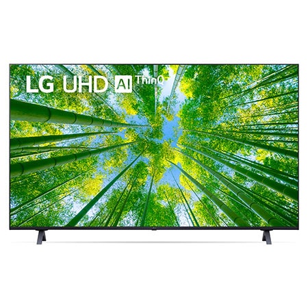 Una vista frontal del televisor LG UHD con la imagen de relleno y el logotipo del producto encima