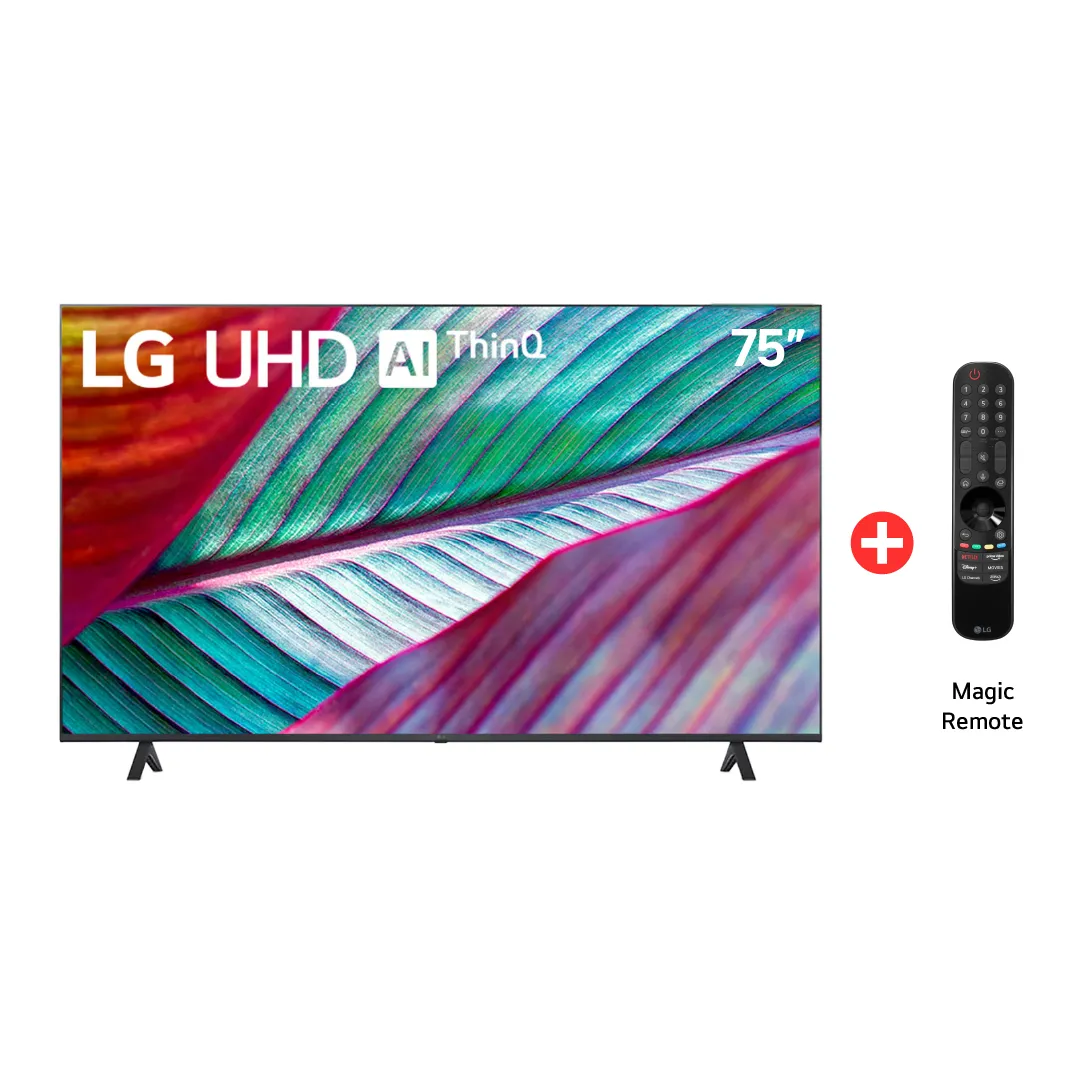 Vista frontal TV LG UHD AI 75", incluye magic remote