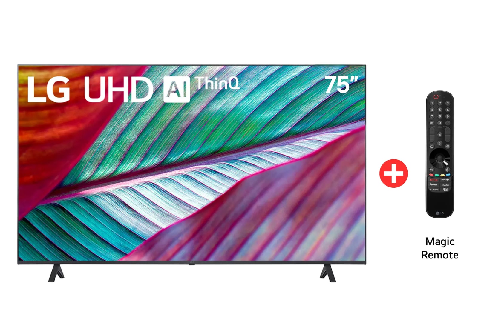 Vista frontal TV LG UHD AI 75", incluye magic remote