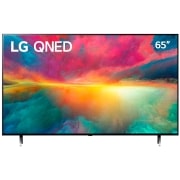 Una vista frontal del televisor LG QNED con imagen de relleno y logotipo del producto encendido