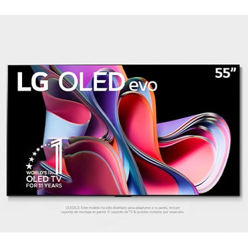Vista frontal con LG OLED evo,y Emblema 10 Años Marca OLED No.1 en el Mundo 1. Logotipo de garantía de panel de 5 años en la pantalla