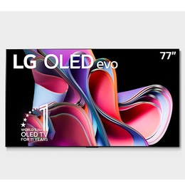 Vista frontal con LG OLED evo,y Emblema 10 Años Marca OLED No.1 en el Mundo 1. Logotipo de garantía de panel de 5 años en la pantalla