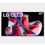 Vista frontal con LG OLED evo,y Emblema 10 Años Marca OLED No.1 en el Mundo 1. Logotipo de garantía de panel de 5 años en la pantalla