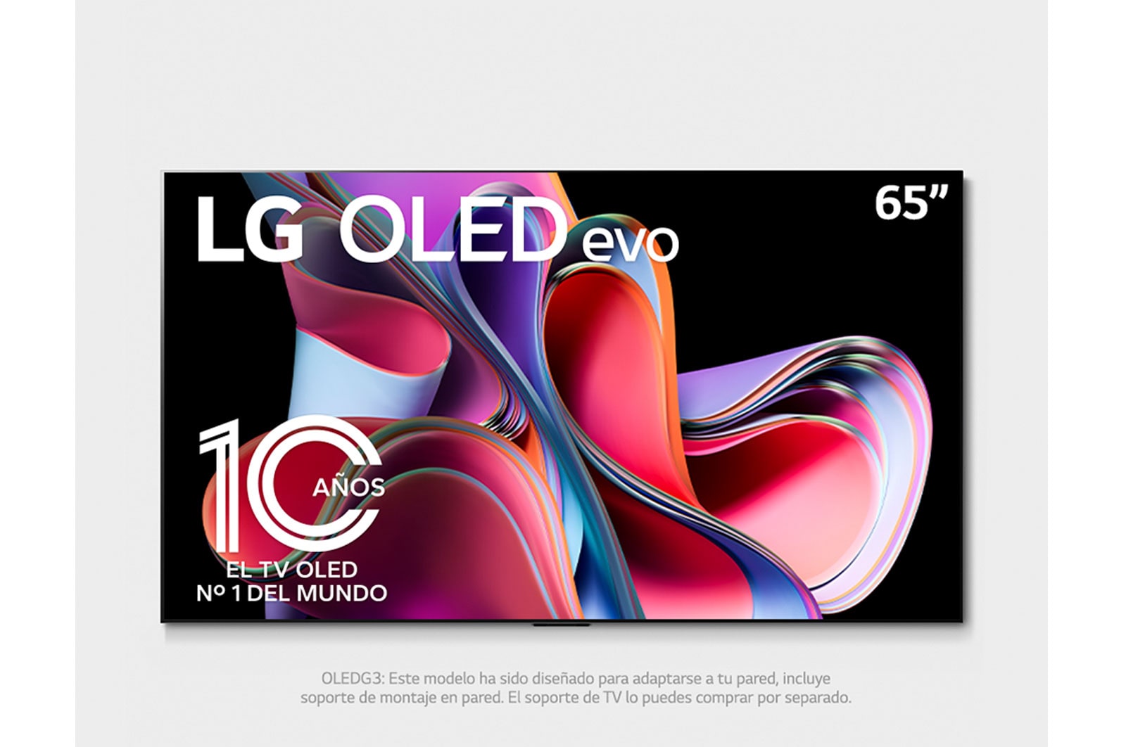 Vista frontal con LG OLED evo,y Emblema 10 Años Marca OLED No.1 en el Mundo 1. Logotipo de garantía de panel de 5 años en la pantalla