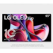 Vista frontal con LG OLED evo,y Emblema 10 Años Marca OLED No.1 en el Mundo 1. Logotipo de garantía de panel de 5 años en la pantalla