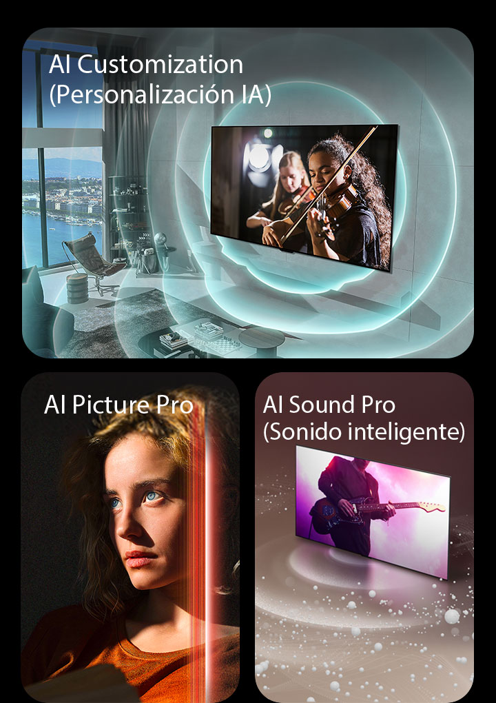 Se muestran tres imágenes. El primero muestra un LG SIGNATURE OLED M4 en un espacio habitable moderno que muestra una actuación musical en la pantalla. Ondas circulares azules que representan personalización rodean el televisor y el espacio. El segundo muestra a una mujer con penetrantes ojos azules y un top naranja quemado en un espacio oscuro. Las líneas rojas que representan los refinamientos de la IA cubren parte de su rostro, que es brillante y detallado, mientras que el resto de la imagen parece aburrido. El tercero muestra un LG SIGNATURE OLED M4 mientras burbujas y ondas sonoras se emiten desde la pantalla y llenan el espacio.