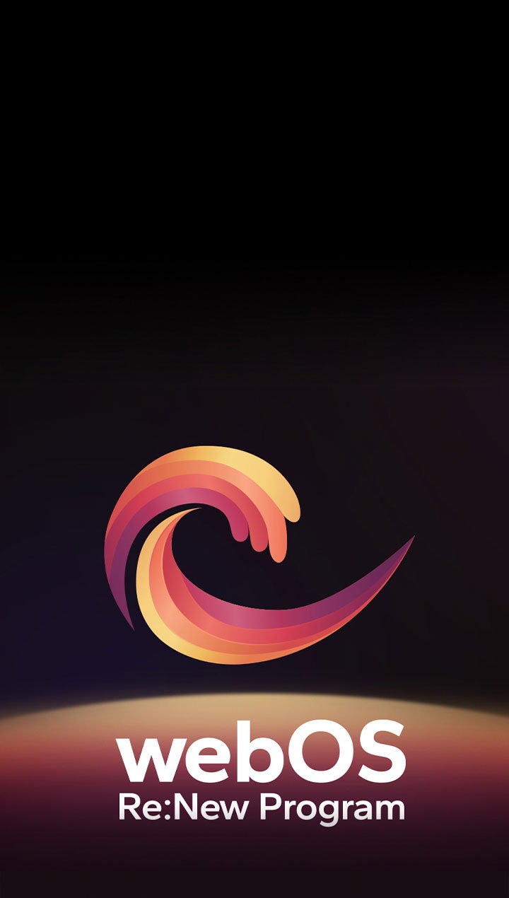 El logotipo de webOS flota en el centro sobre un fondo negro, y el espacio de abajo está iluminado con los colores del logotipo: rojo, naranja y amarillo. Las palabras "webOS Re:New Program" se encuentran debajo del logotipo.