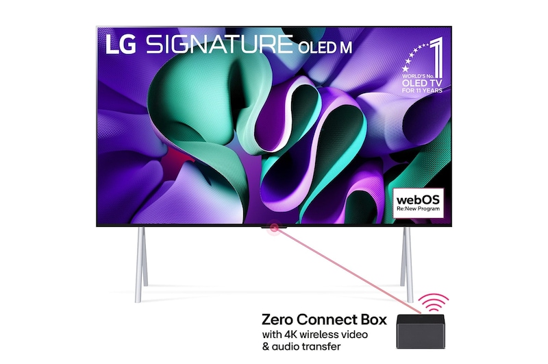 Vista frontal con LG OLED TV, OLED M4 SIGNATURE en un soporte, 11 años del emblema OLED número 1 del mundo, logotipo de webOS Re:New Program y una Zero Connect Box con transferencia inalámbrica de video y audio 4K conectada a un televisor y una red Wi-Fi -Señal Fi saliendo de la caja.