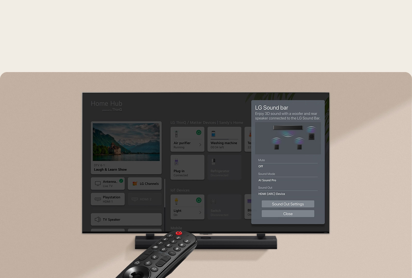 Accede a la interfaz WOW en el televisor LG para un control simple de la barra de sonido, como modos, perfiles y funciones útiles