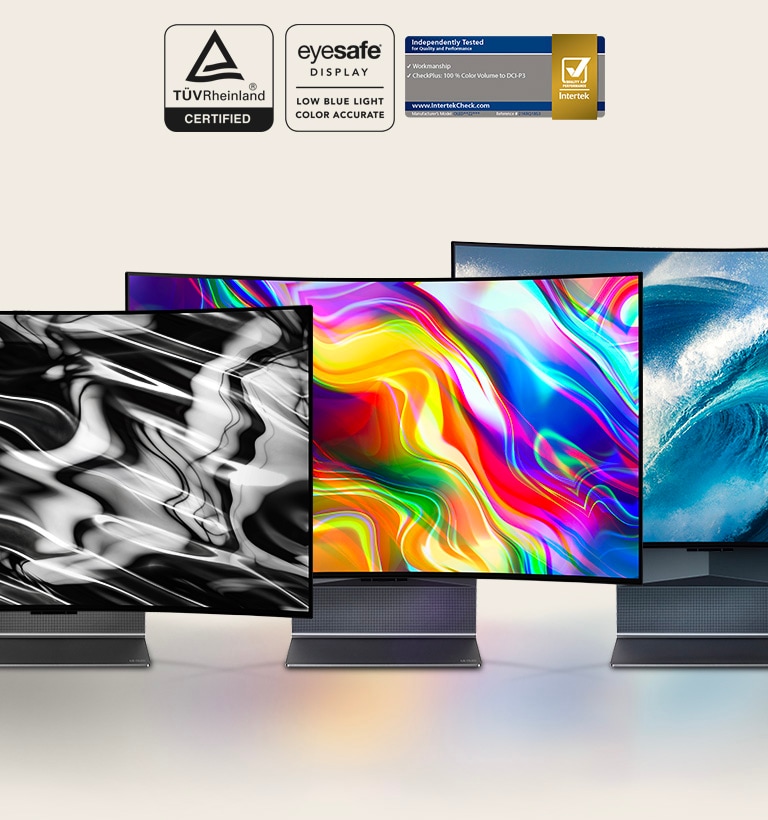 Se muestran tres televisores LG OLED Flex uno al lado del otro proyectando una imagen abstracta negra, una imagen abstracta colorida y una imagen de onda azul en sus pantallas.