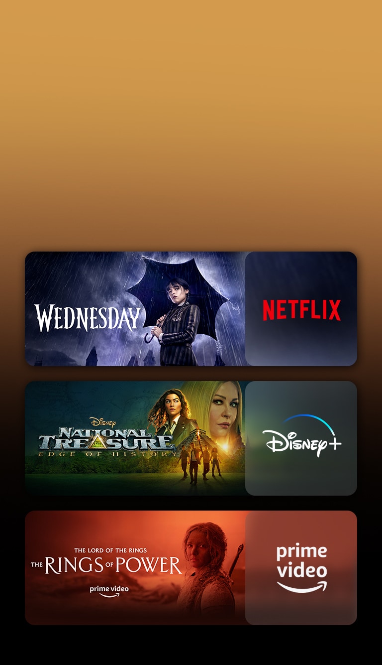 Hay logotipos de plataformas de servicios de transmisión y metrajes coincidentes justo al lado de cada logotipo. Hay imágenes de Merlina de Netflix, Tesoro Nacional de Disney Plus y Los Anillos del Poder de PRIME VIDEO.