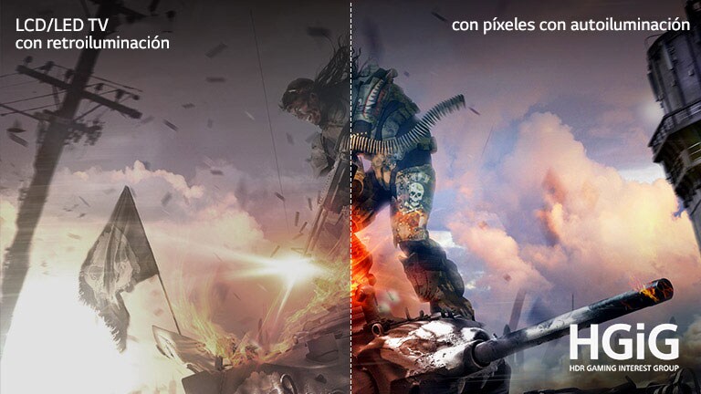 una_escena_de_un_partido_de_fútbol,_la_mitad_en_una_tv_lcd/LED con calidad de imagen borrosa y la otra mitad en una TV LG OLED con calidad de imagen clara