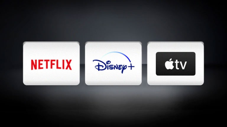 El logotipo de Apple TV, el de Disney  y el de Netflix están ubicados en el fondo negro.