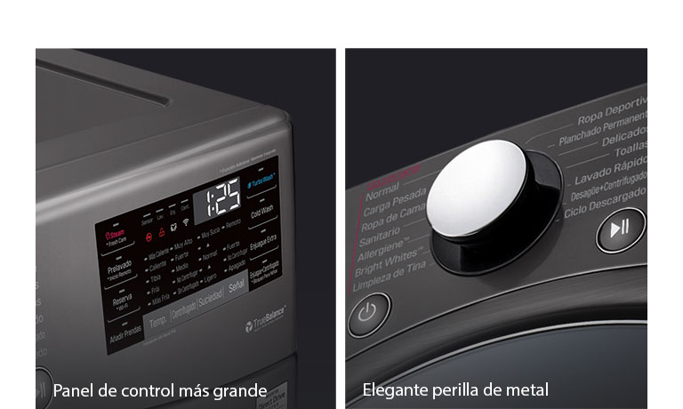 Pantalla amplia y selector metálico en lavadora LG, diseño elegante.