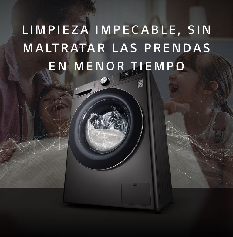 Padre e hija sonrientes con Lava-Secadora LG en primer plano.