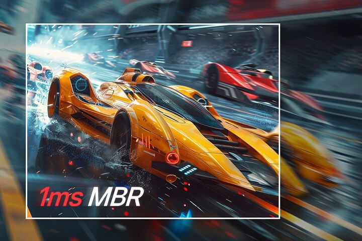 Escena de juego de carreras para promocionar la función 1ms MBR. Un auto futurista amarillo avanza a toda velocidad con efectos de desenfoque. A la derecha, texto destaca beneficios como jugabilidad rápida, menos desenfoque y ventaja competitiva.