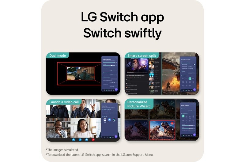 Imagen de descripción de características que muestra la interfaz de un monitor de juegos con ajuste de pantalla en Modo Dual, Smart Screen Split para diseños multitarea, lanzamiento de videollamada con un clic y un Asistente de Imagen Personalizada para configuraciones de pantalla personalizadas.