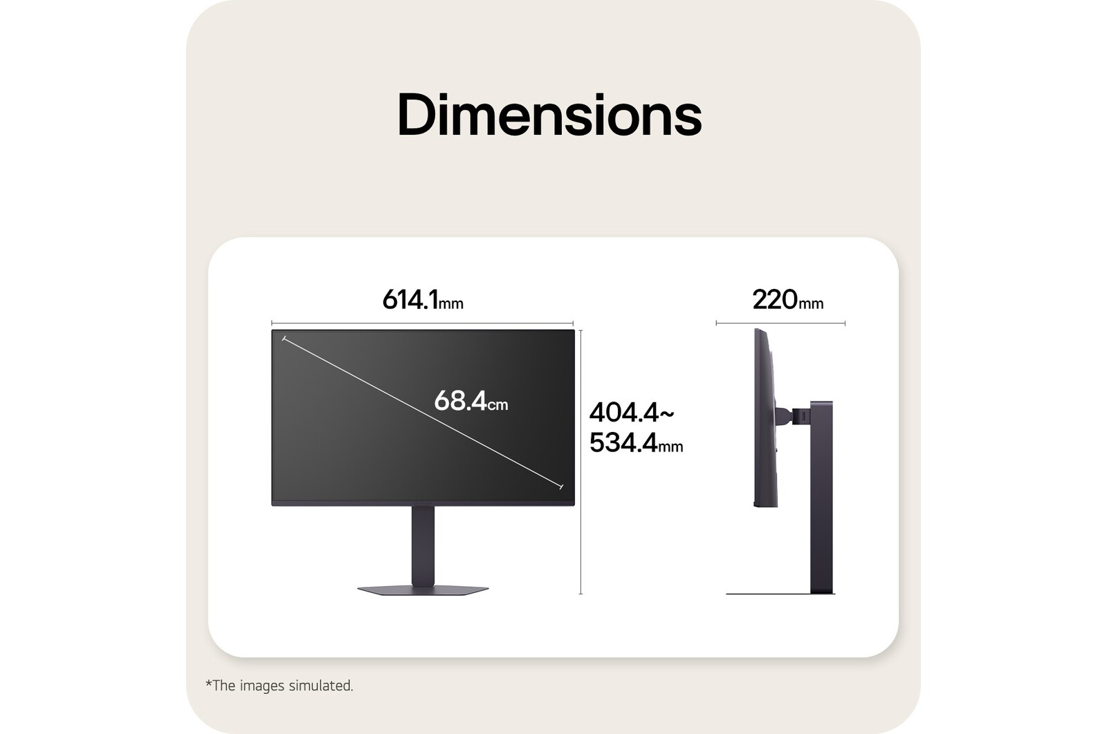 Vistas frontal y lateral de un monitor para juegos mostrando sus dimensiones generales y diseño del perfil.