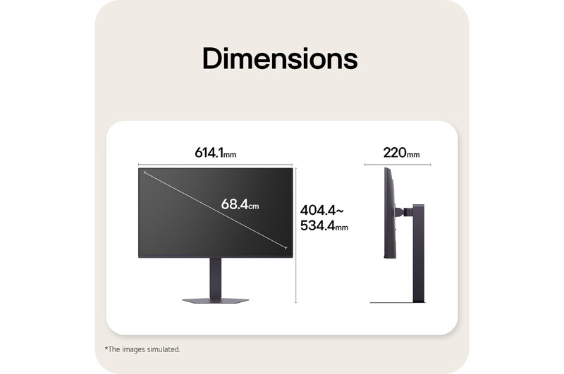 Vistas frontal y lateral de un monitor para juegos mostrando sus dimensiones generales y diseño del perfil.