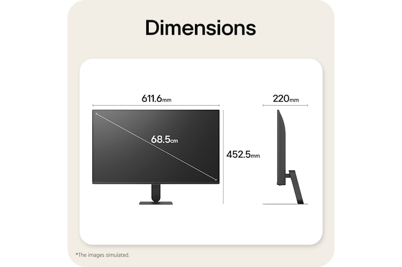 Dimensiones del Monitor LG Smart ilustrando el tamaño general del producto y las medidas del soporte.