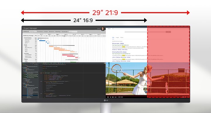 Monitor LG 29” mostrando multitarea con comparación entre formatos 21:9 y 16:9.