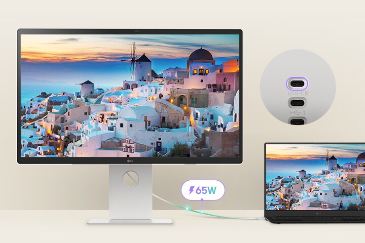 Un portátil está conectado a un monitor LG Smart mediante USB-C. Se carga a través de USB-C mientras se muestra la pantalla.