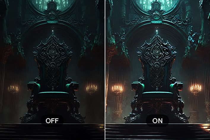 Comparación del juego con el Estabilizador Negro desactivado y activado, mostrando una mayor visibilidad en escenas oscuras en el monitor UltraGear™ 32G620B.