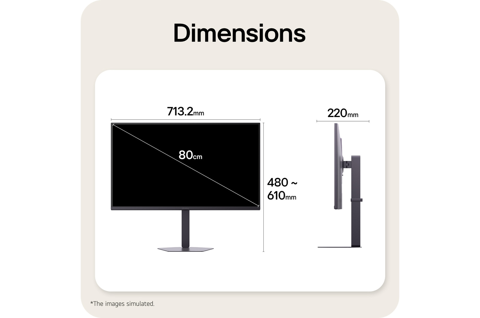 Front and side views of a gaming monitor illustrating its overall dimensions and profile design.