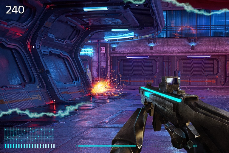 Juego FPS en instalación futurista; rifle apuntando con número 330 en pantalla.