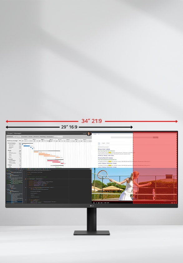 Monitor ultraancho de 34" mostrando diferencia entre 21:9 y 16:9, con múltiples apps abiertas para multitarea