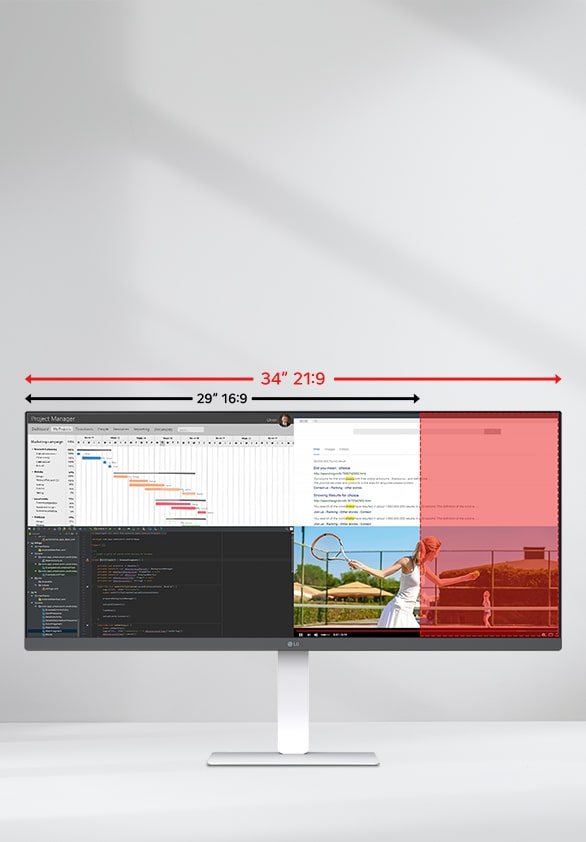 Monitor ultraancho de 34" mostrando diferencia entre 21:9 y 16:9, con múltiples apps abiertas para multitarea