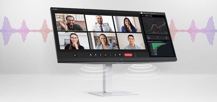 Monitor LG mostrando videollamada y dashboard, con íconos de audio indicando sonido integrado MaxxAudio®