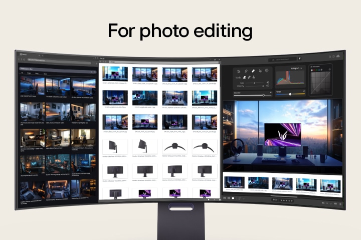 Configuración multitarea mostrando juegos, edición de video, diseño y videollamadas en un LG OLED 5K2K.