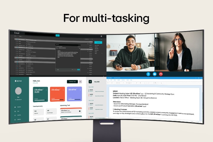 Configuración multitarea mostrando juegos, edición de video, diseño y videollamadas en un LG OLED 5K2K.