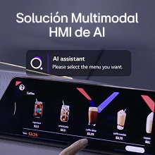 El usuario interactúa con una interfaz de pantalla táctil impulsada por una solución HMI de IA multimodal y selecciona un menú de café con indicaciones del asistente de IA.