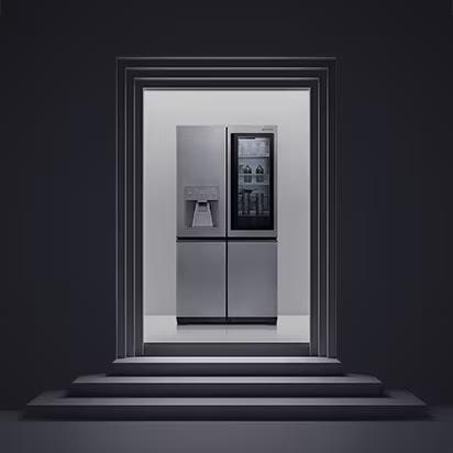 A black photograph with LG SIGNATURE Refrigerator on the artistic stair.