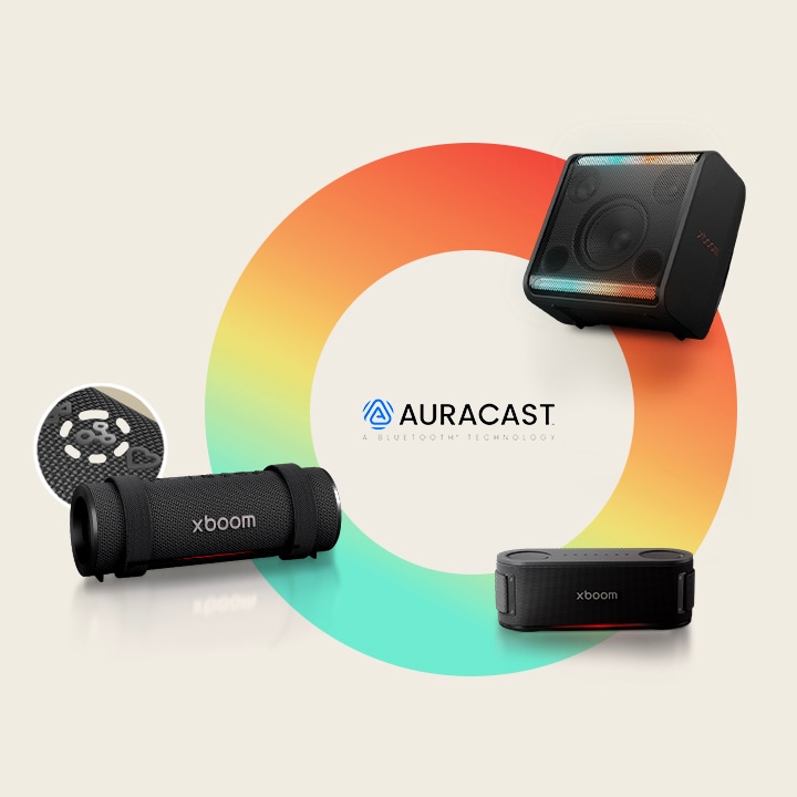 Sobre un círculo arcoíris, el xboom Stage 301, Bounce y Grab están en orden horario. Al lado del Grab, el botón de Auracast.
