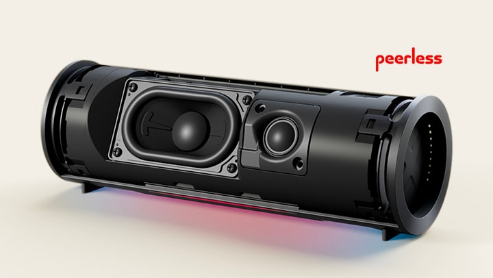 Se muestran las unidades internas del xboom Grab: el woofer y el tweeter, con el tweeter vibrando rítmicamente.