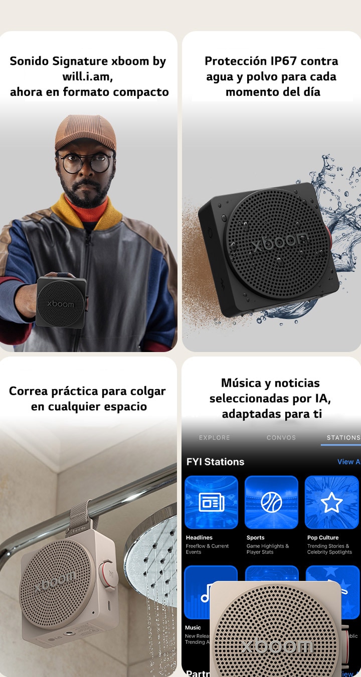 1) Parlante Bluetooth portátil compacto LG xboom mini con sonido característico de will.i.am 2) Parlantes Bluetooth colgables LG xboom mini, con una correa conveniente para colgar fácilmente en cualquier espacio 3) Parlante Bluetooth LG xboom mini con protección impermeable y a prueba de polvo IP67 para uso diario 4) LG xboom mini conectado a un teléfono inteligente, mostrando una interfaz ajutada por IA con música y noticias personalizadas