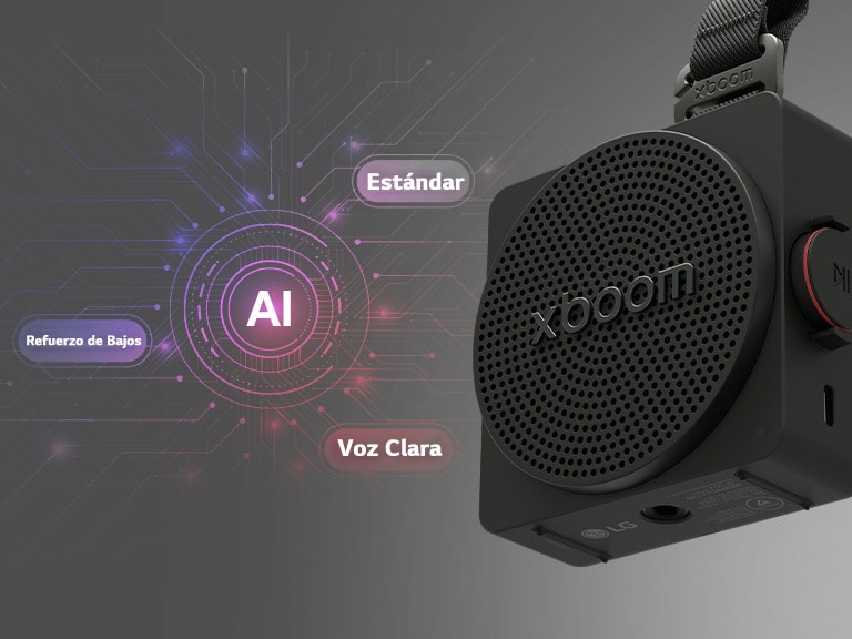 Parlante bluetooth portátil LG xboom mini adaptado con modos de sonido IA (refuerzo de bajos, análisis IA, mejora de voz) para mejorar el balance musical y la claridad del sonido