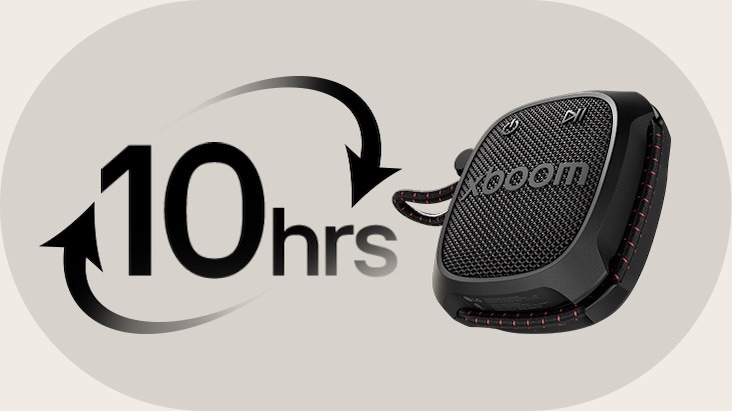 LG XBOOM Rock ofrece hasta 10 horas de batería con una sola carga, permitiéndote disfrutar música durante todo el día al aire libre.