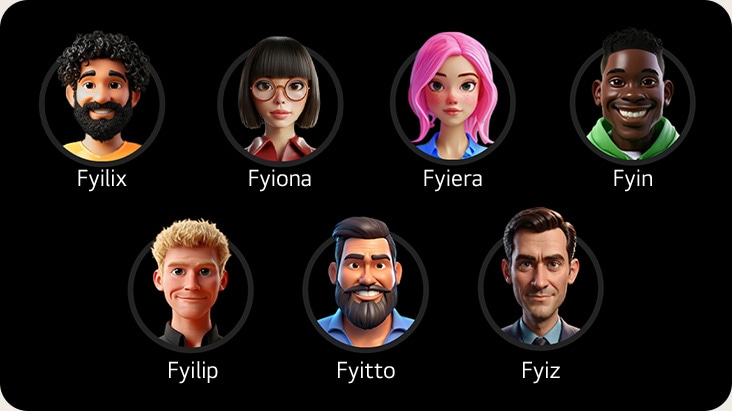 Carrusel de personajes IA mostrando diversos DJs para emisoras personalizadas dentro de la experiencia de la app LG XBOOM.